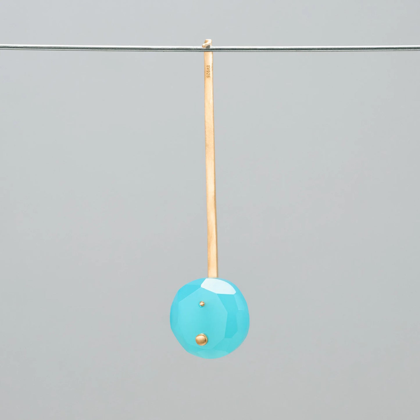 Round Faceted Gemstone Pierced Earrings, Staple/Long (Sea Blue Chalcedony)