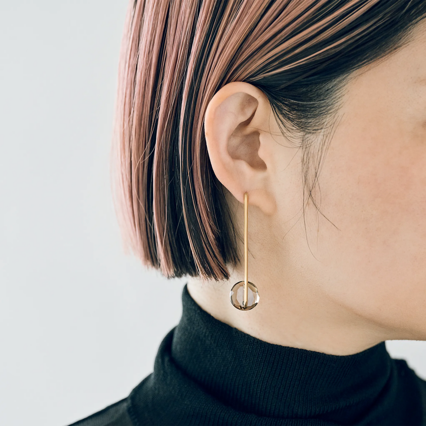Round Faceted Smoky Quartz Long Pierced Earrings
