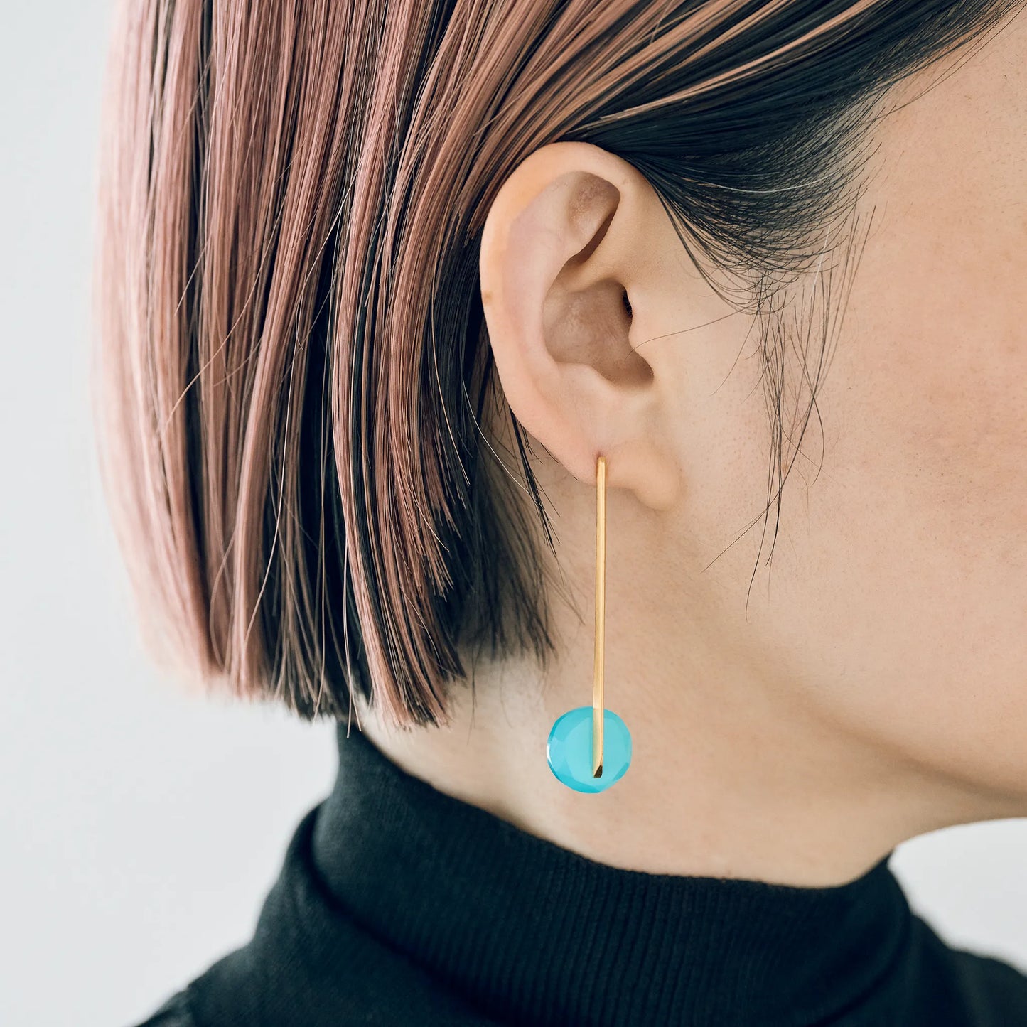 Round Faceted Gemstone Pierced Earrings, Staple/Long (Sea Blue Chalcedony)