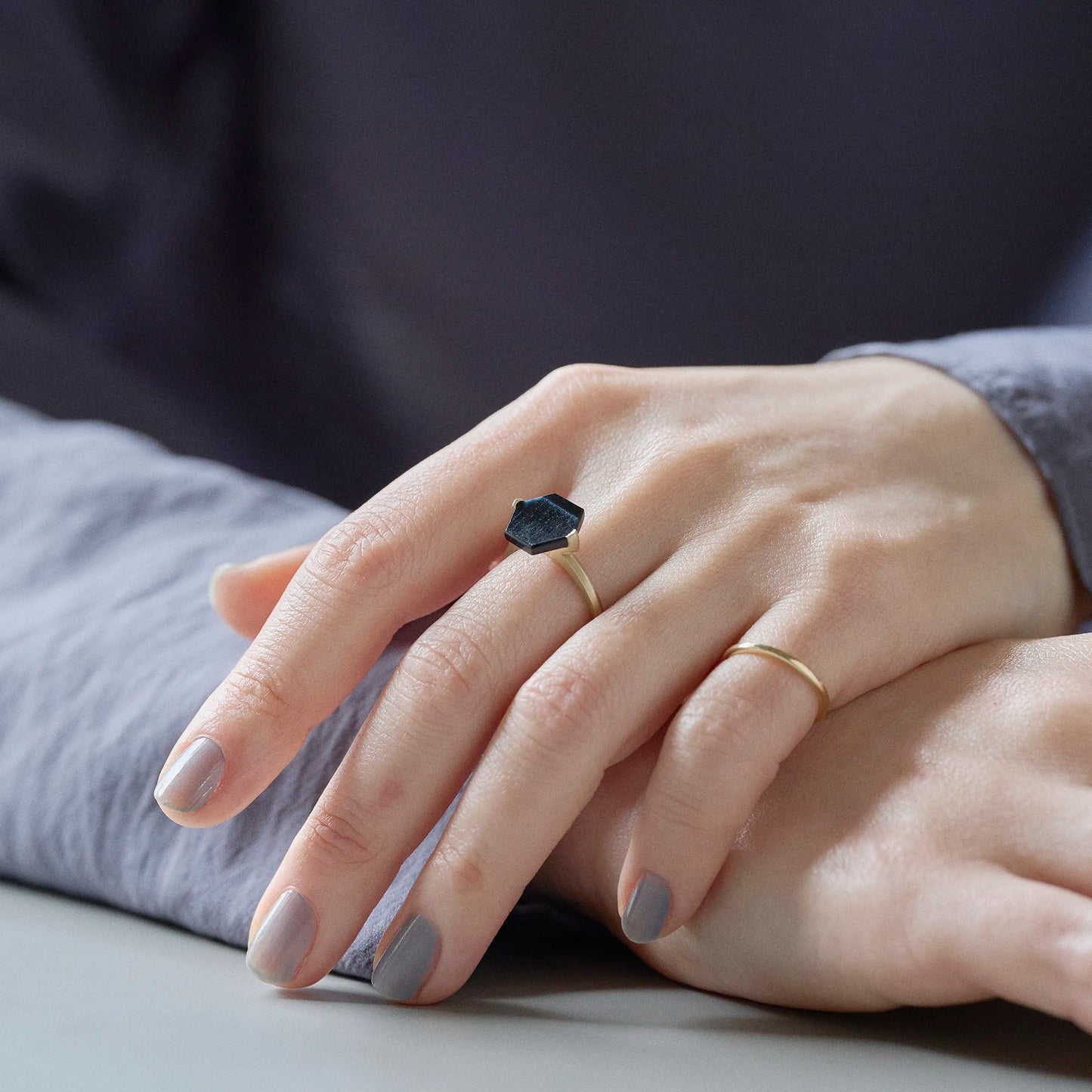 Hexagon Gemstone Ring_node(Hawk's Eye)